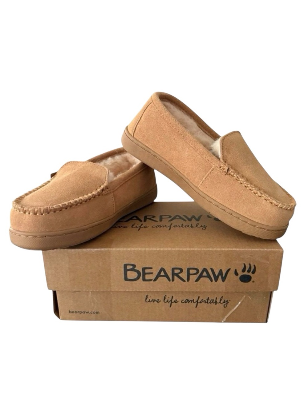 BEARPAW Jamie Youth Suede Moccasin Loafers Slippers Tan Iced Coffee Size 4 NIB⁠